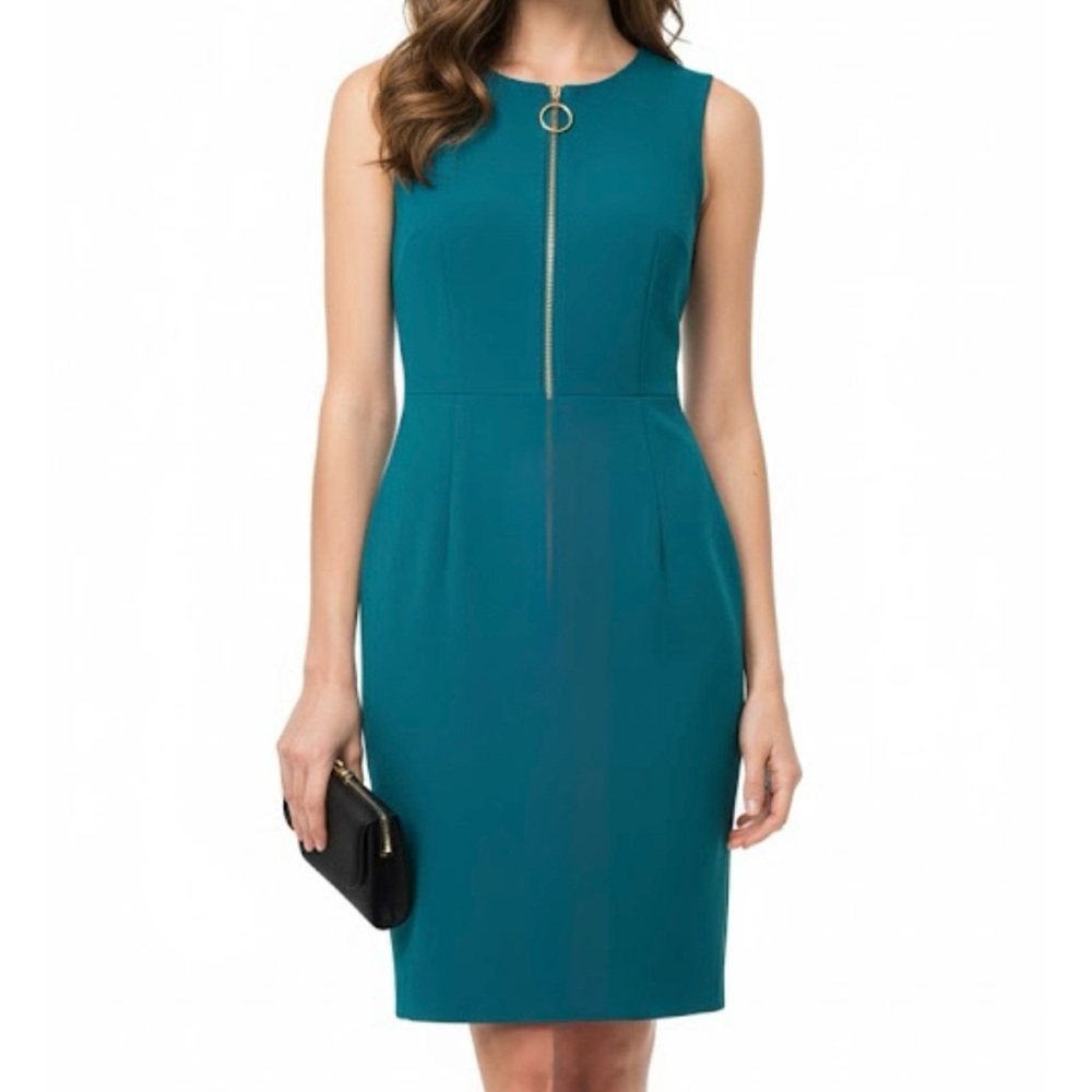 Calvin Klein Teal Sleeveless Stretch Crepe Front Zip Sheath Dress Size 10